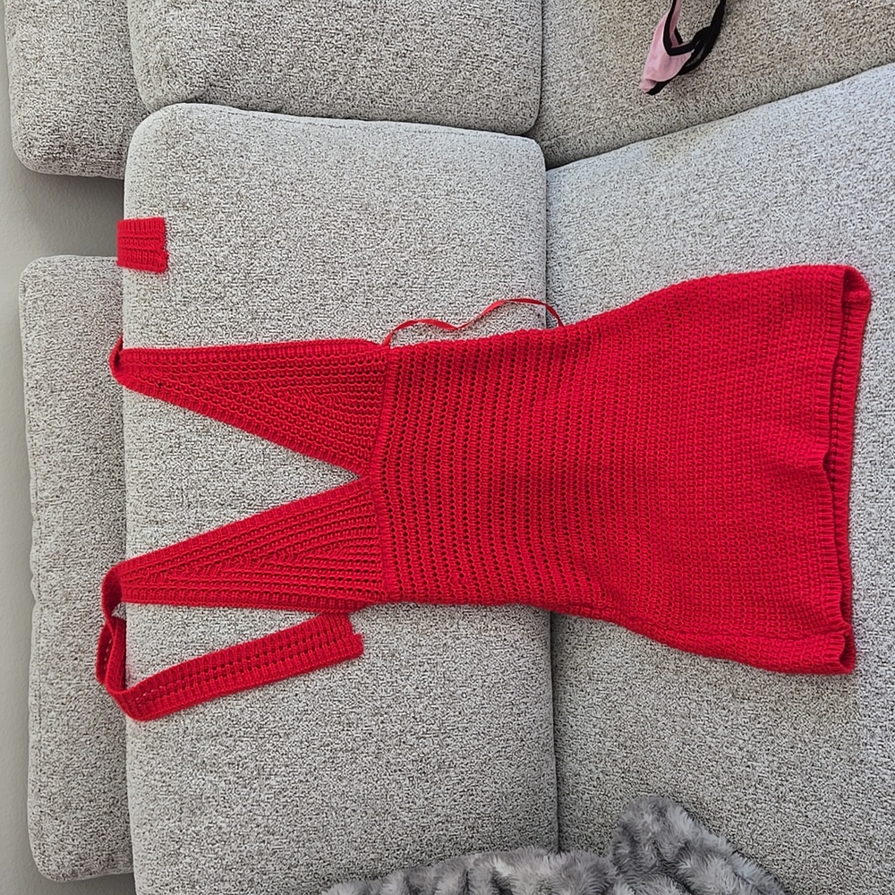 Red knitted halter mini dress, backless
